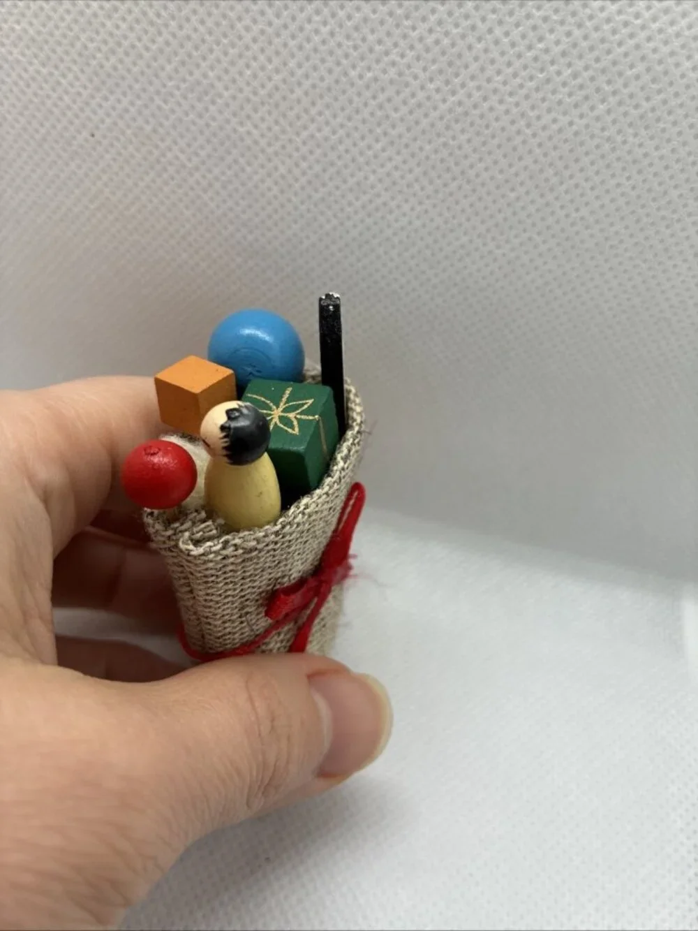 Vintage Miniature Toy Sack Tiered Tray Decor Wooden Toys Christmas Holiday Decor